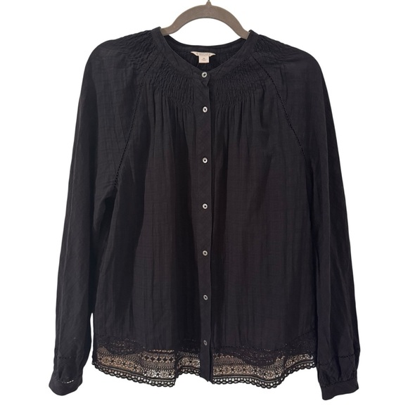 J. Crew Pont Sur Lace Peasant Top 100% Cotton Long Sleeve Black Size Medium - Picture 1 of 9